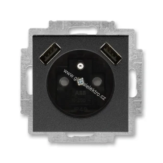 ABB 5569H-A22357 63 zásuvka jednonásobná s ochr. kolíkem a clonkami 2x USB nabíjení bezšroubová Onyx/Kouřová černá Levit M